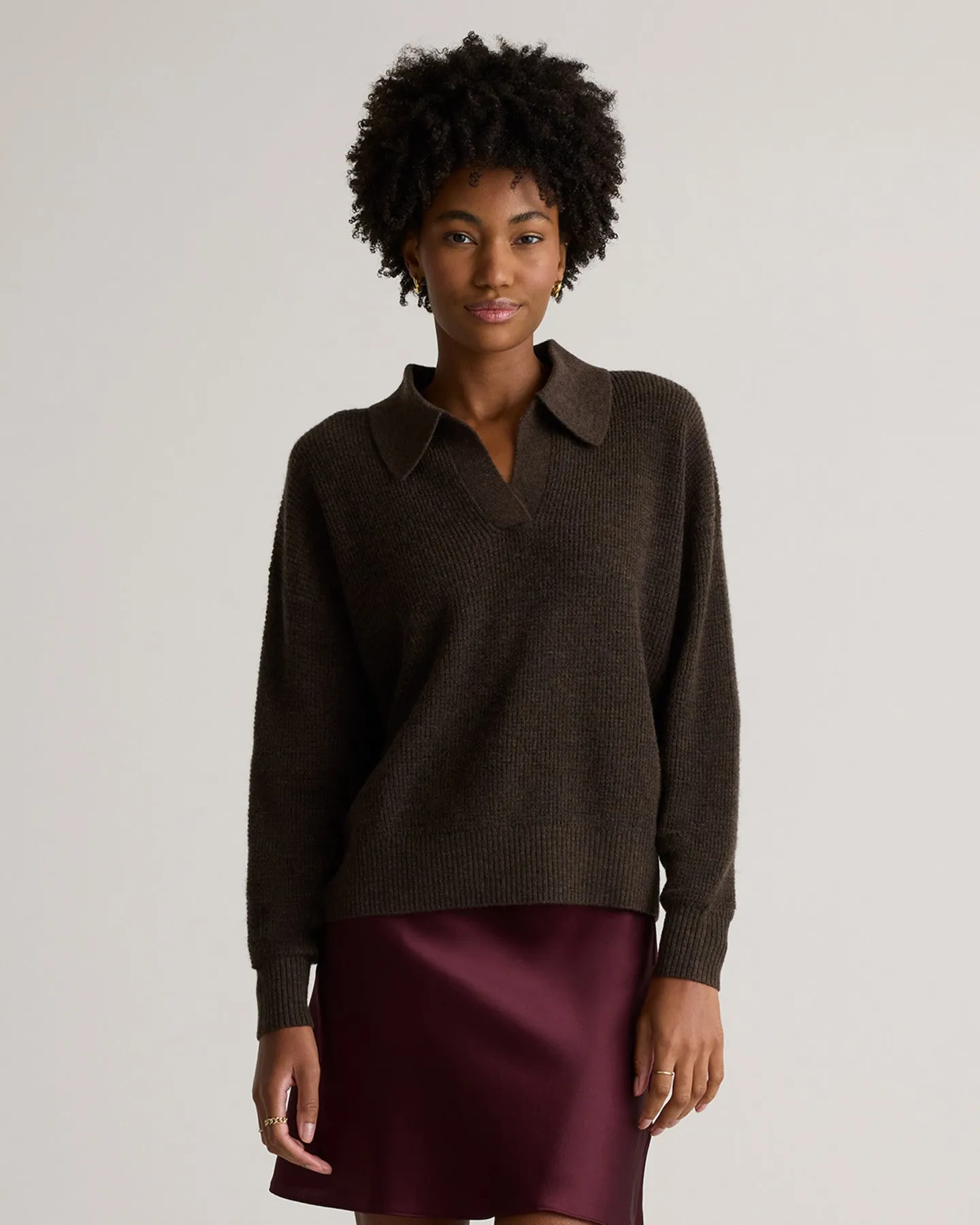 Baby Alpaca-Wool Waffle Stitch Polo Sweater