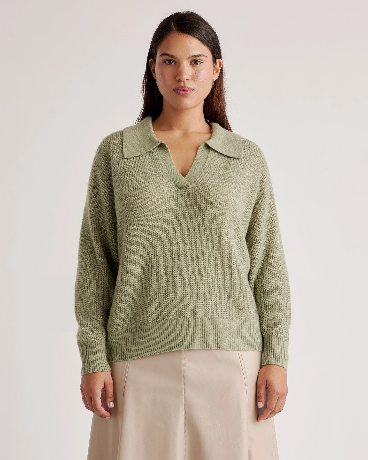 Baby Alpaca-Wool Waffle Stitch Polo Sweater
