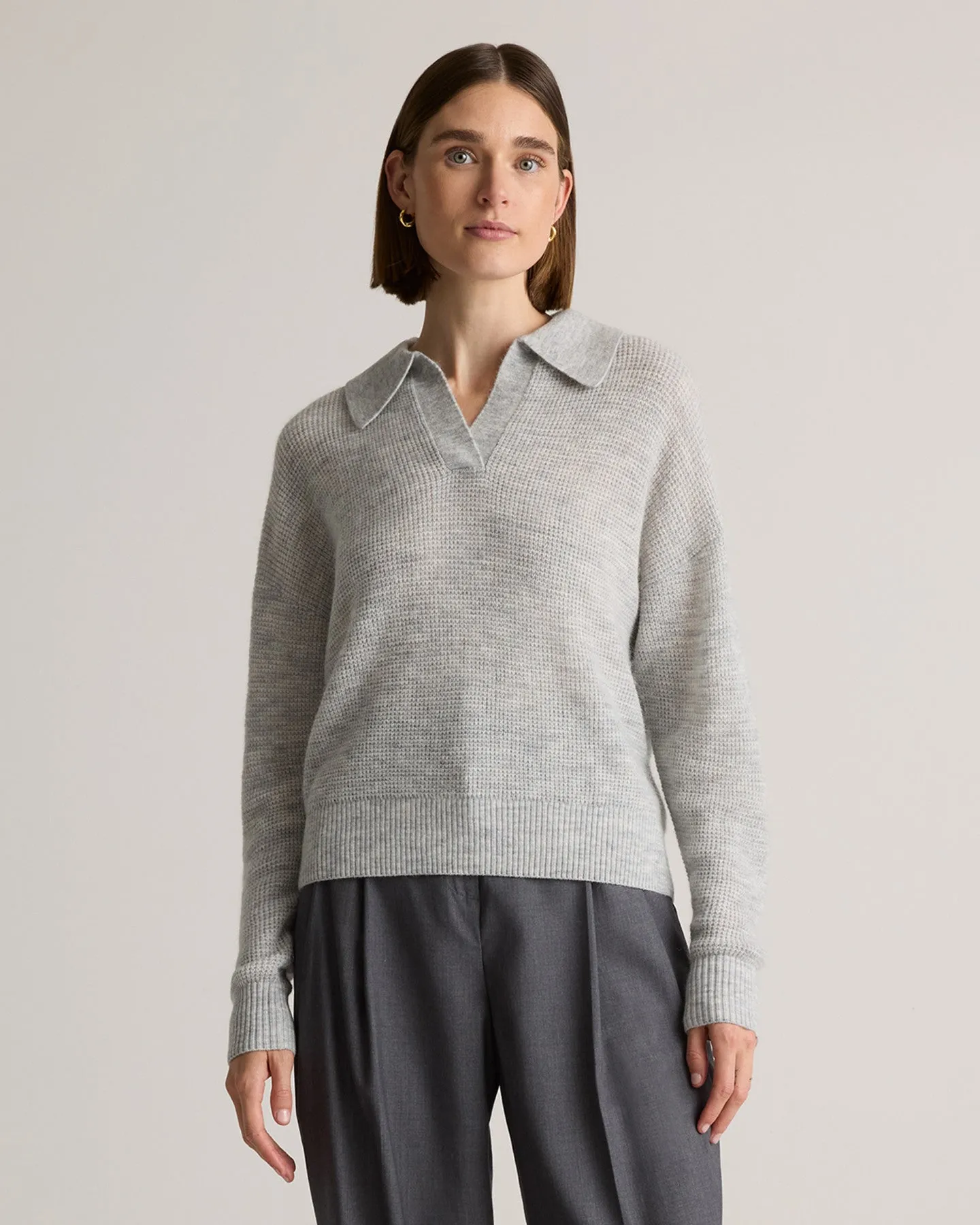 Baby Alpaca-Wool Waffle Stitch Polo Sweater