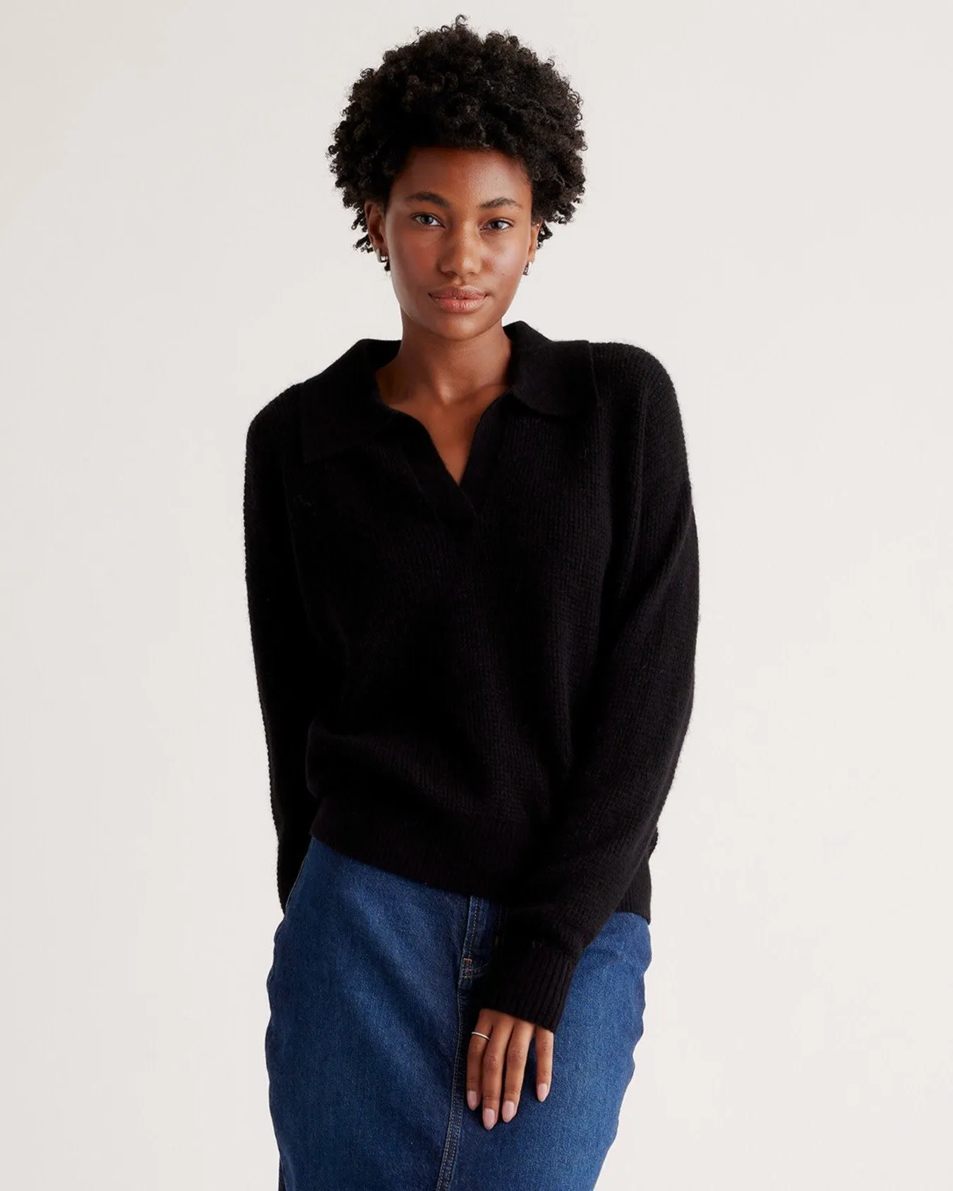 Baby Alpaca-Wool Waffle Stitch Polo Sweater