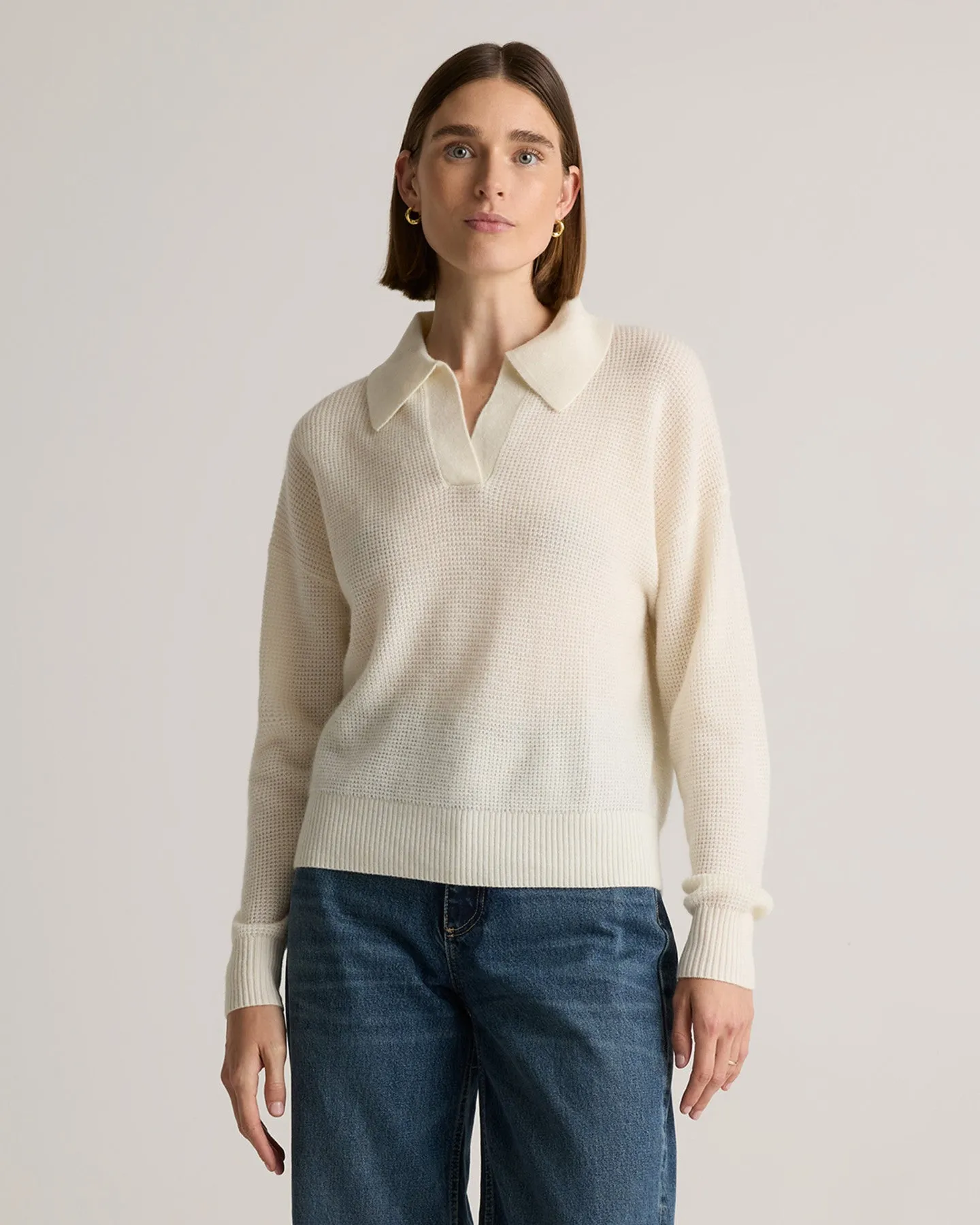 Baby Alpaca-Wool Waffle Stitch Polo Sweater