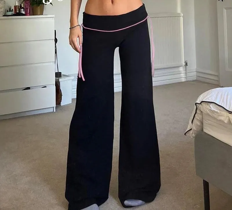 Casual Side Lace-up Decorate Women's Pants Korean Fashion Low Waist Flared Trousers Harajuku Stitching Sweatpants New