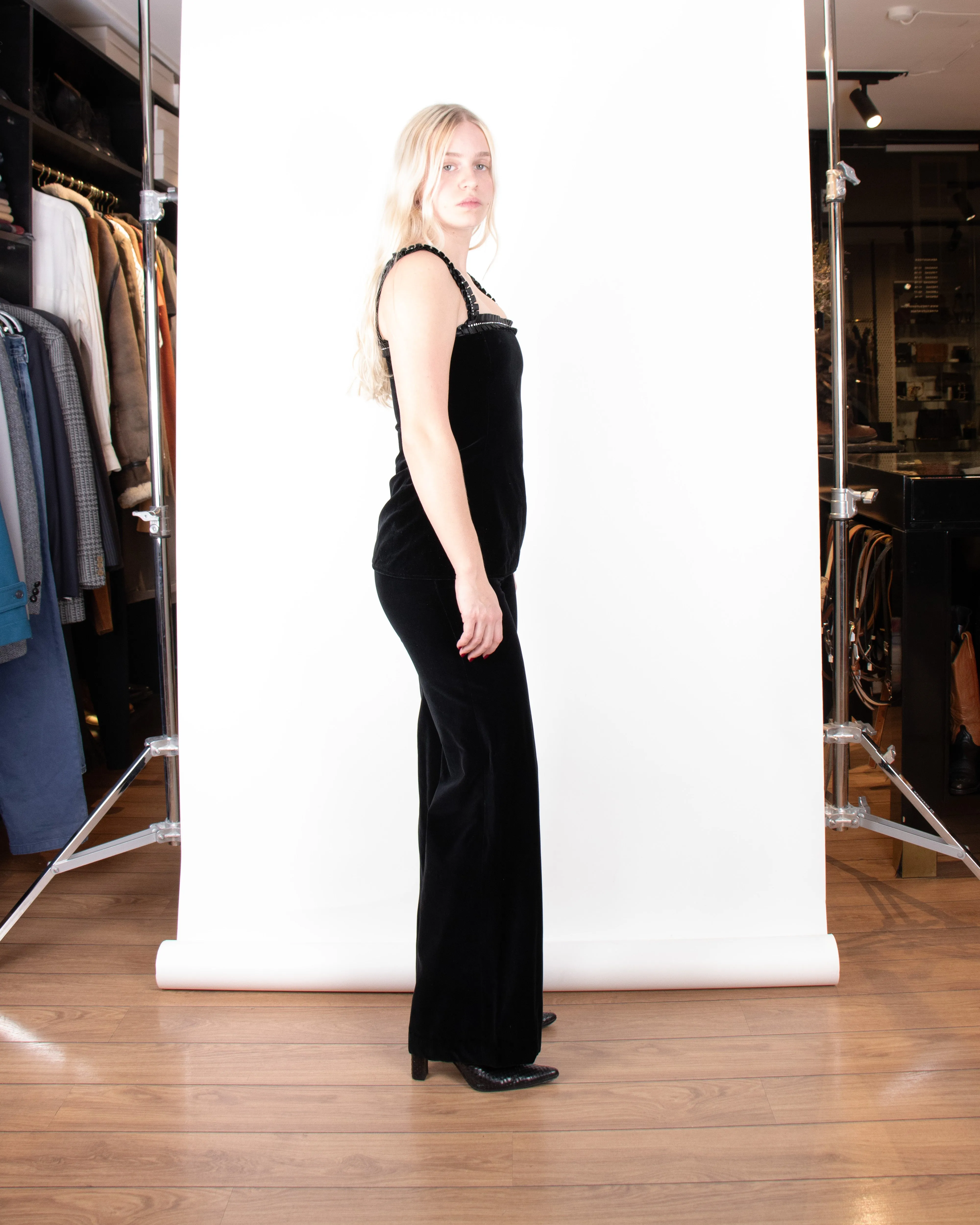 Early 1980s Yves Saint Laurent Black Velvet 2-Piece Ensemble XS/S