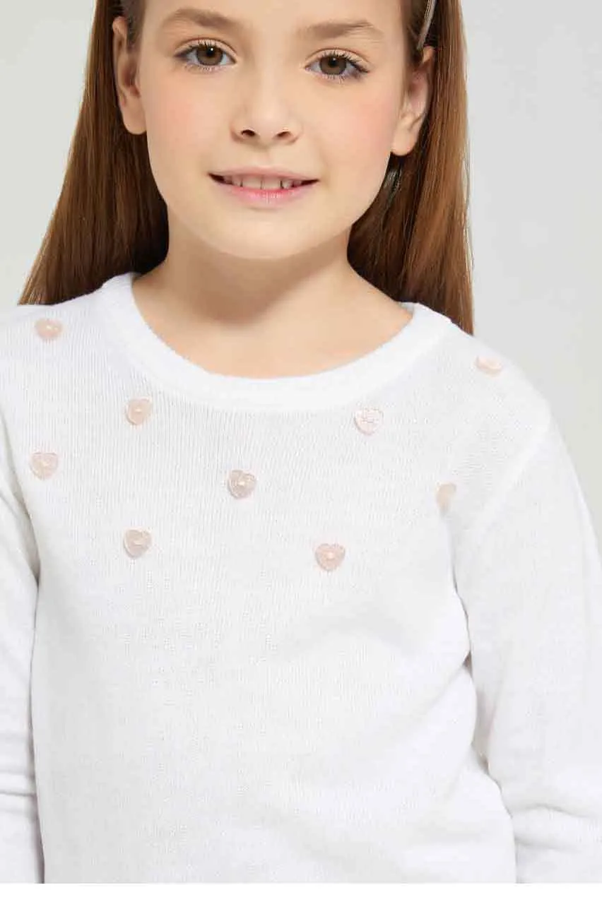 Girls Cream Embellished Pullover
