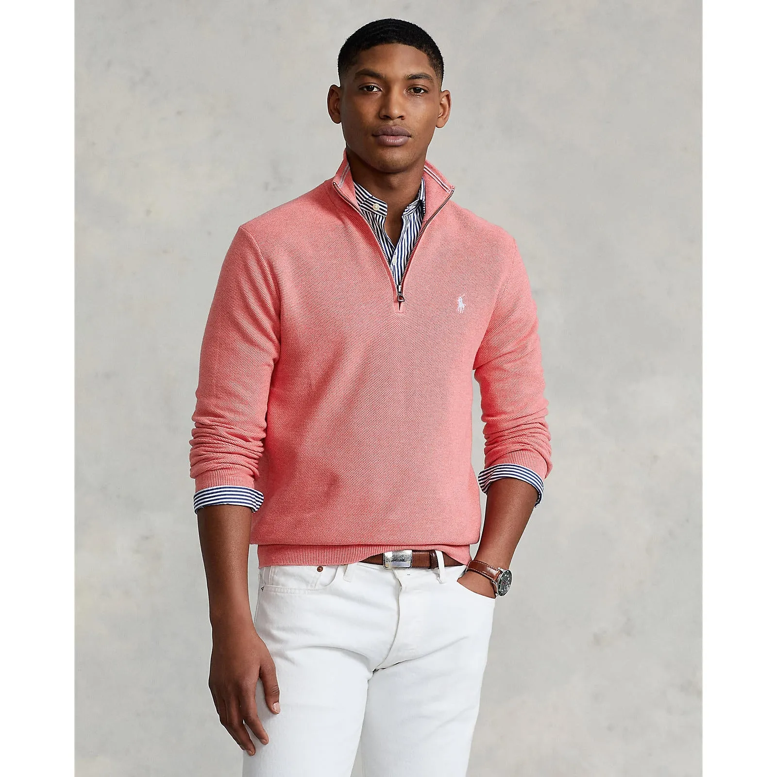 Mesh Knit Cotton Quarter Zip Sweater - Amalfi Red Heather