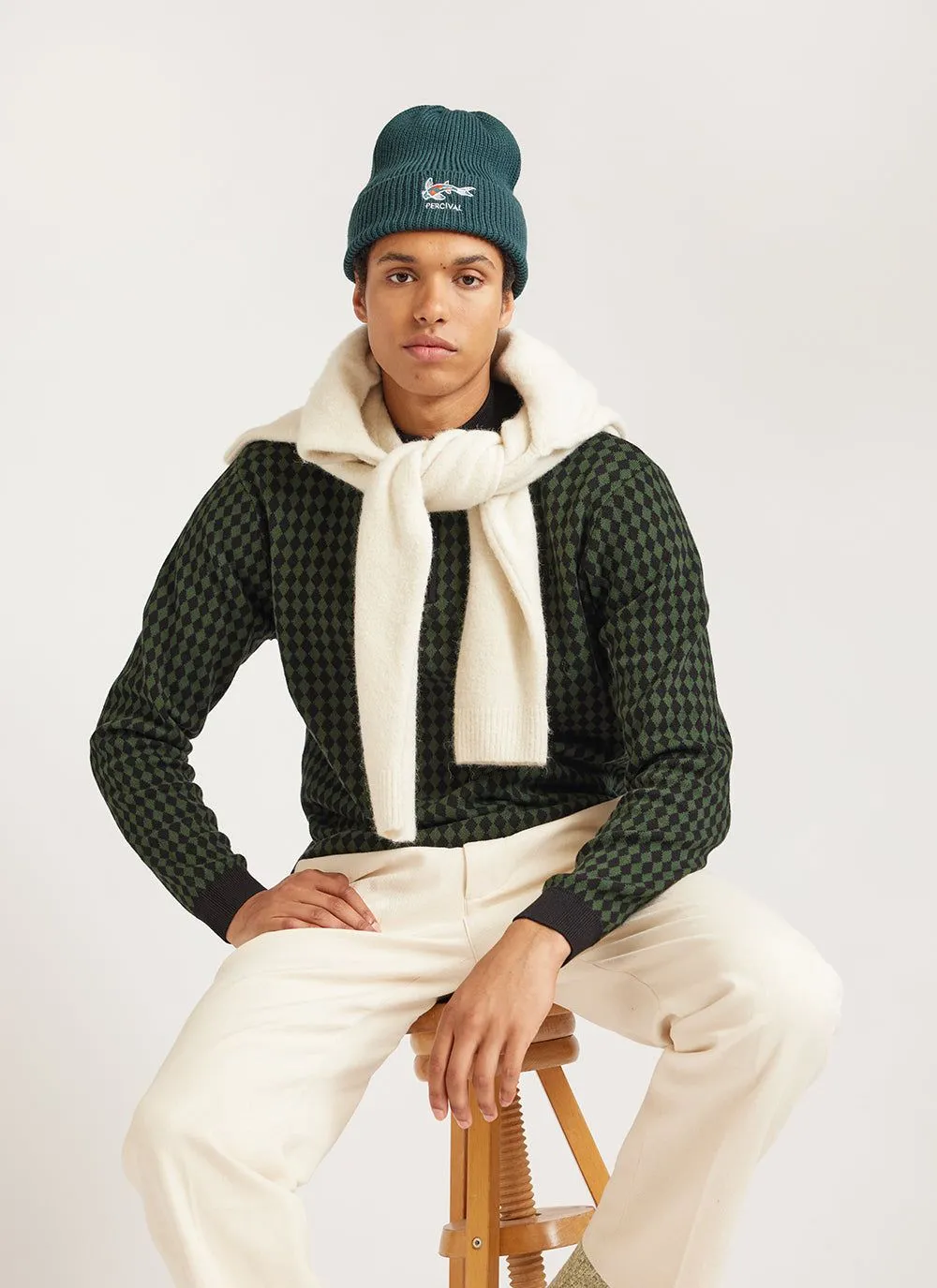 Mini Harlequin Zip Pullover | Knitted Cotton | Forest