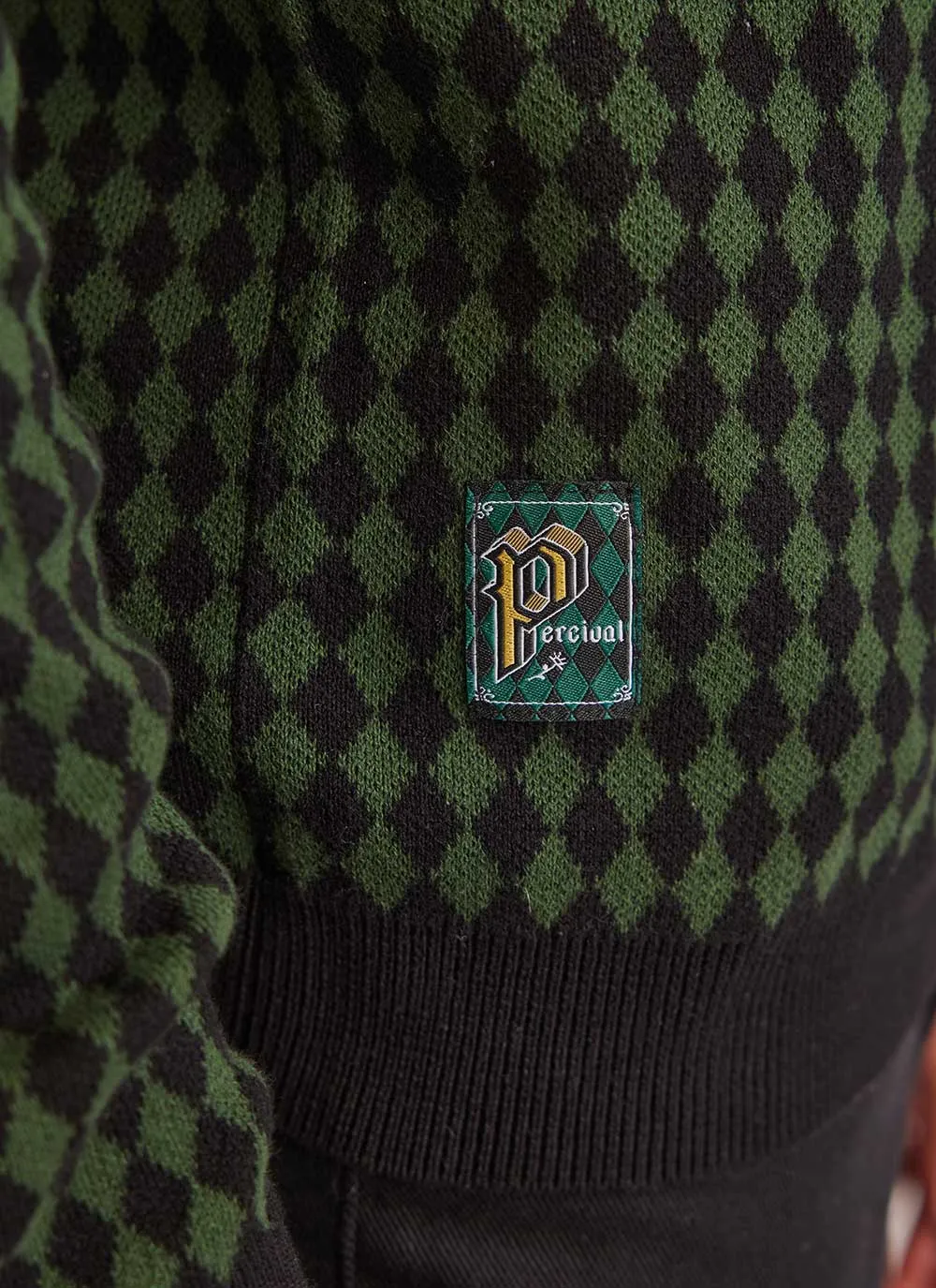Mini Harlequin Zip Pullover | Knitted Cotton | Forest