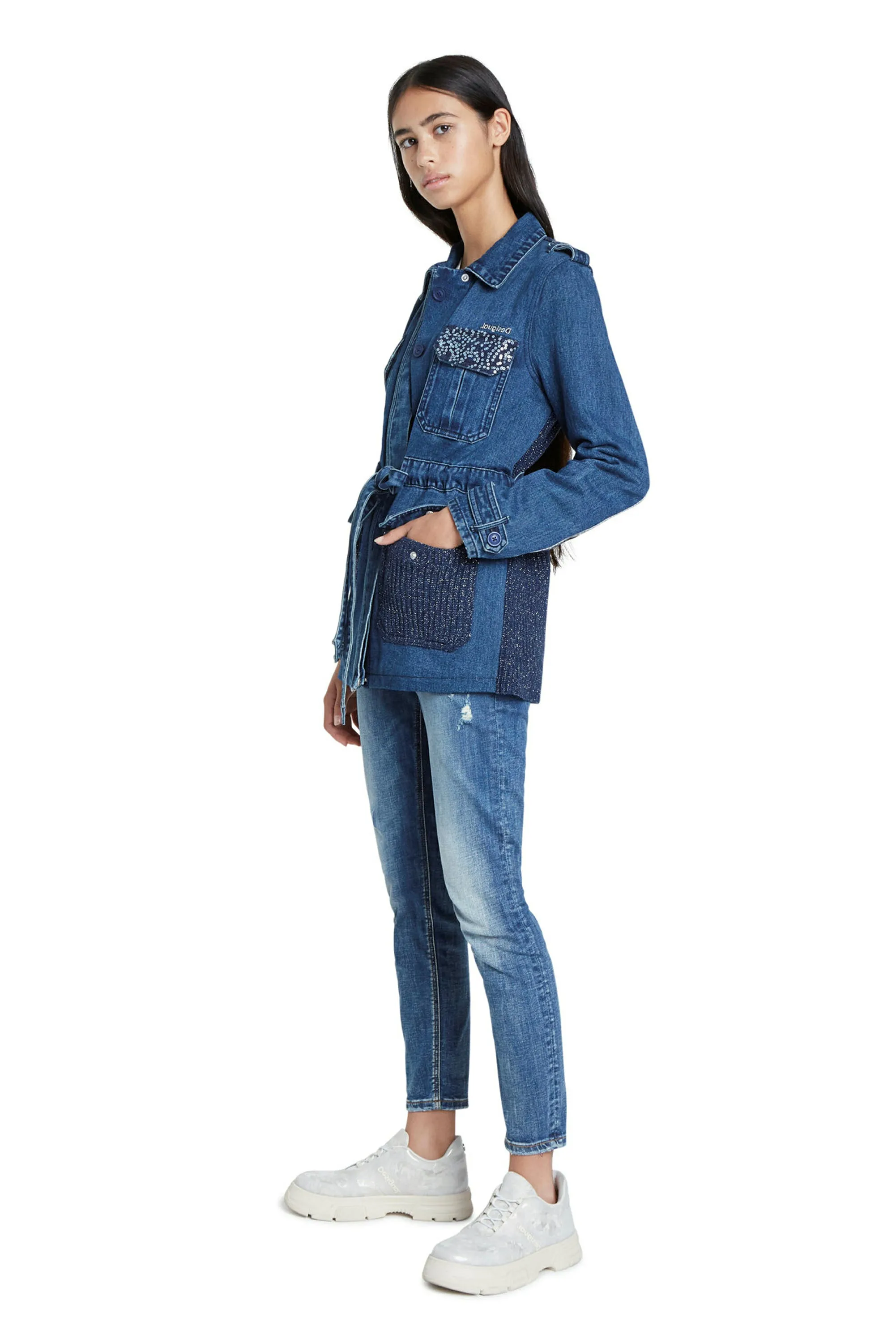 Mizuki Blue Denim Belted Parka Jacket with Sparkly Knit Back Desigual Style 20WWED10