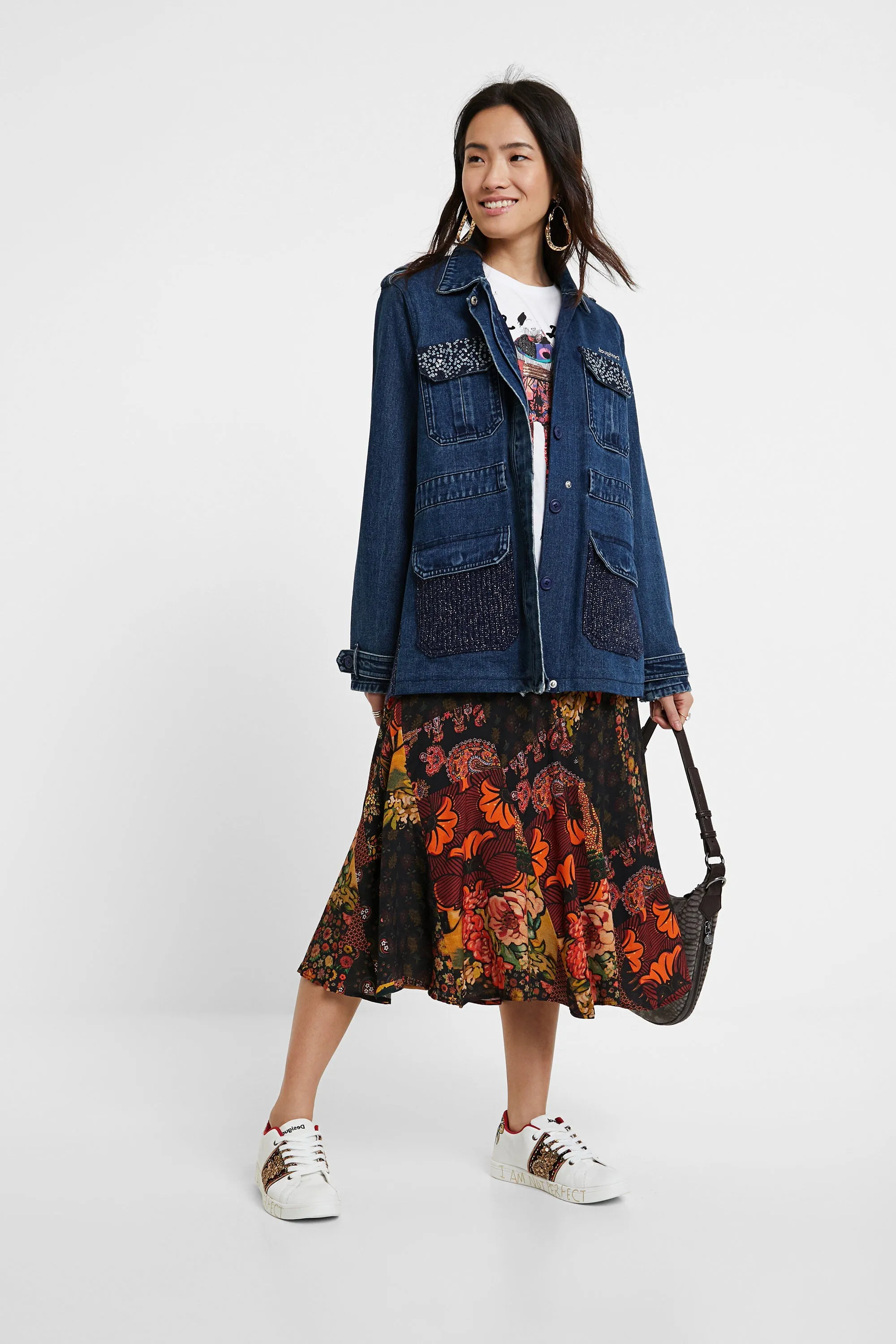 Mizuki Blue Denim Belted Parka Jacket with Sparkly Knit Back Desigual Style 20WWED10