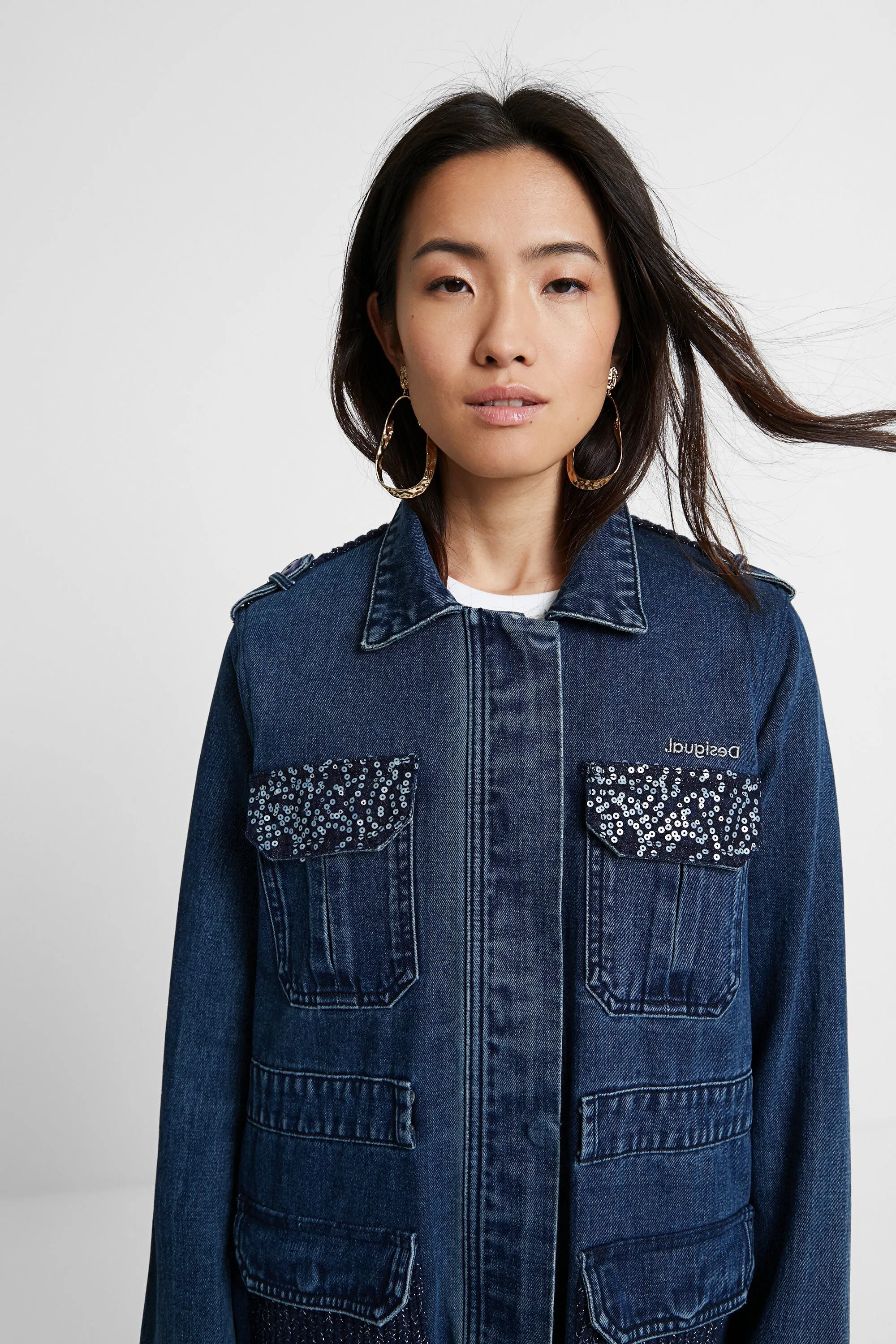 Mizuki Blue Denim Belted Parka Jacket with Sparkly Knit Back Desigual Style 20WWED10
