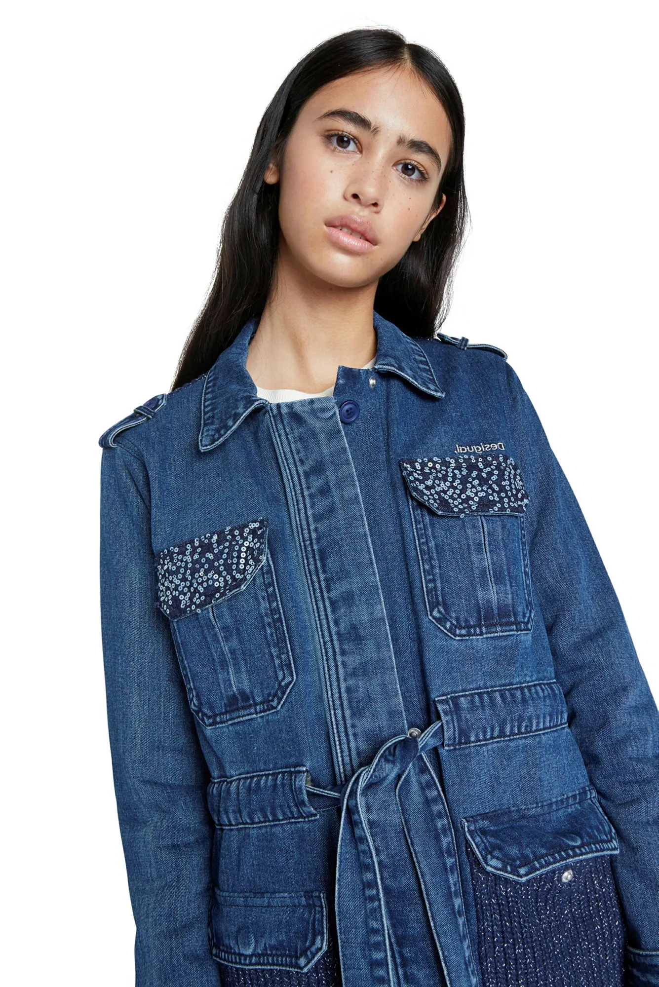 Mizuki Blue Denim Belted Parka Jacket with Sparkly Knit Back Desigual Style 20WWED10