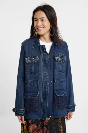 Mizuki Blue Denim Belted Parka Jacket with Sparkly Knit Back Desigual Style 20WWED10