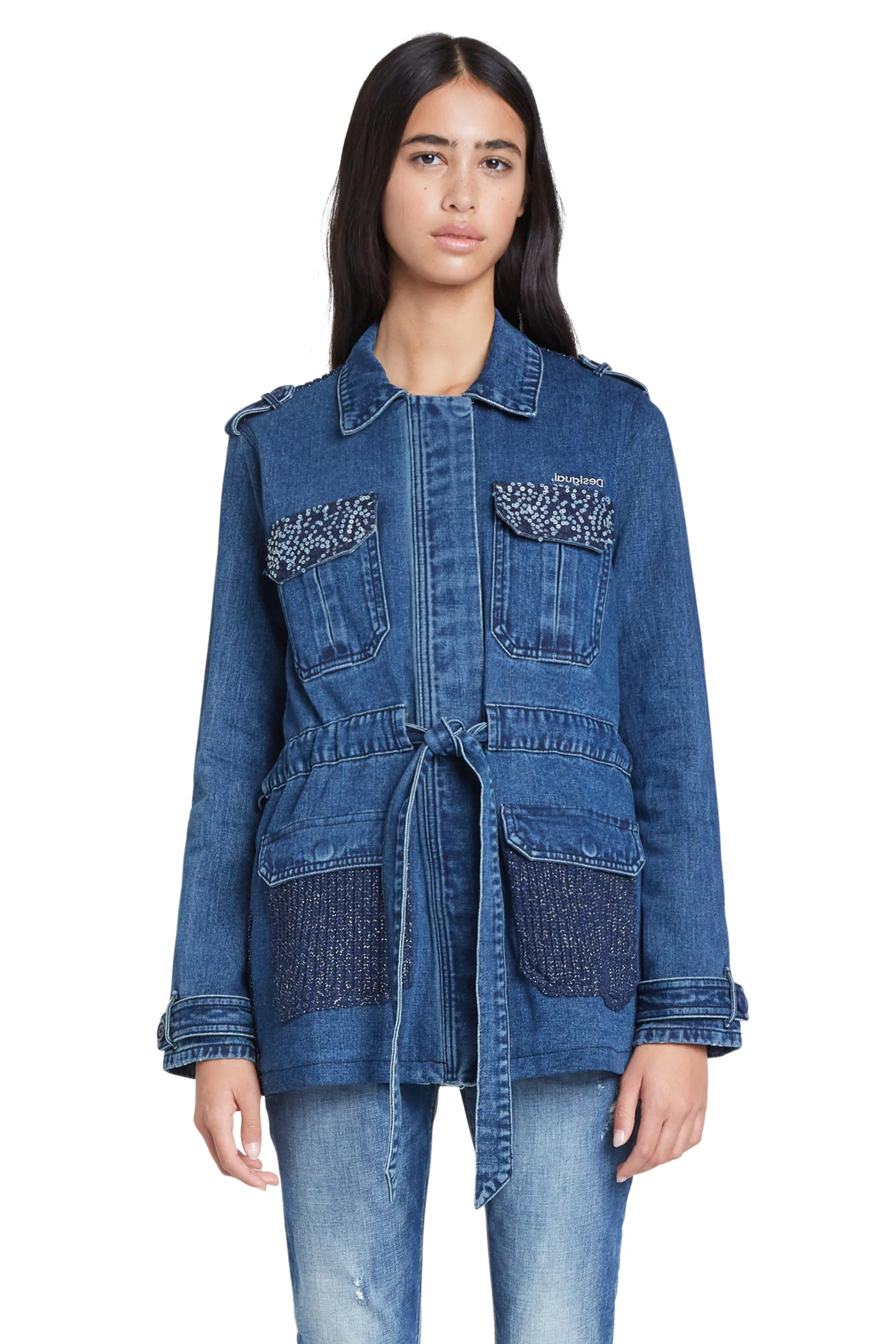 Mizuki Blue Denim Belted Parka Jacket with Sparkly Knit Back Desigual Style 20WWED10