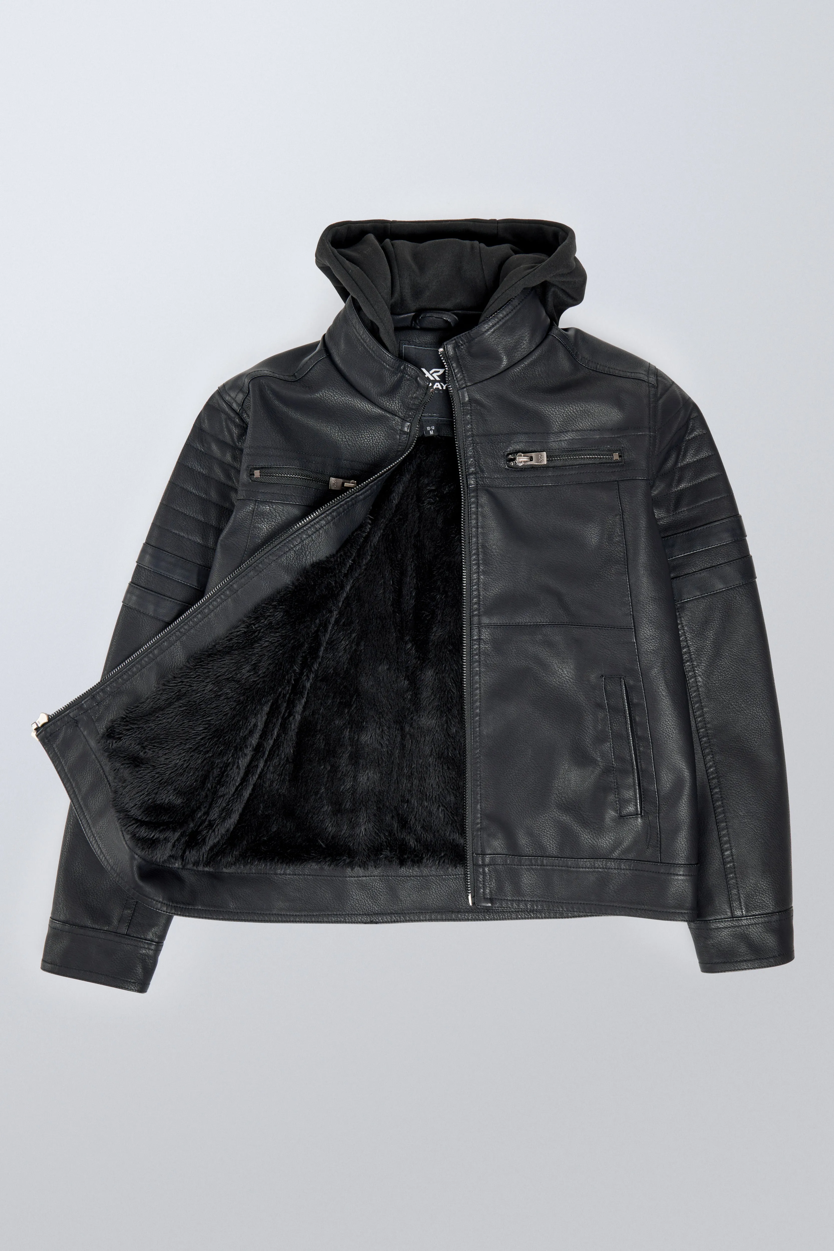 X RAY JEANS Boys Grainy PU Leather Hooded Jacket With Faux Shearling Lining