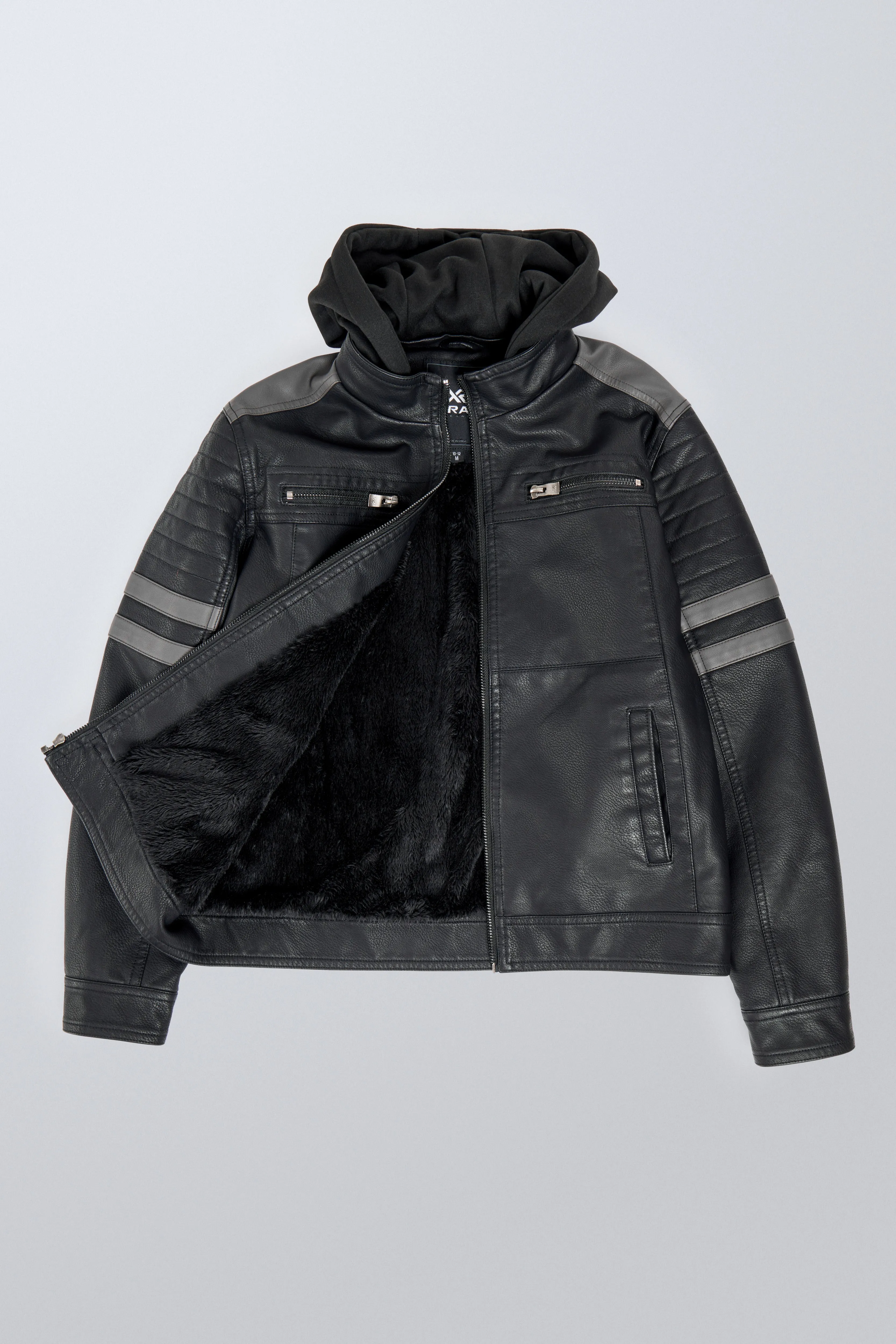 X RAY JEANS Boys Grainy PU Leather Hooded Jacket With Faux Shearling Lining