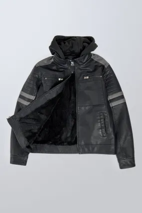X RAY JEANS Boys Grainy PU Leather Hooded Jacket With Faux Shearling Lining
