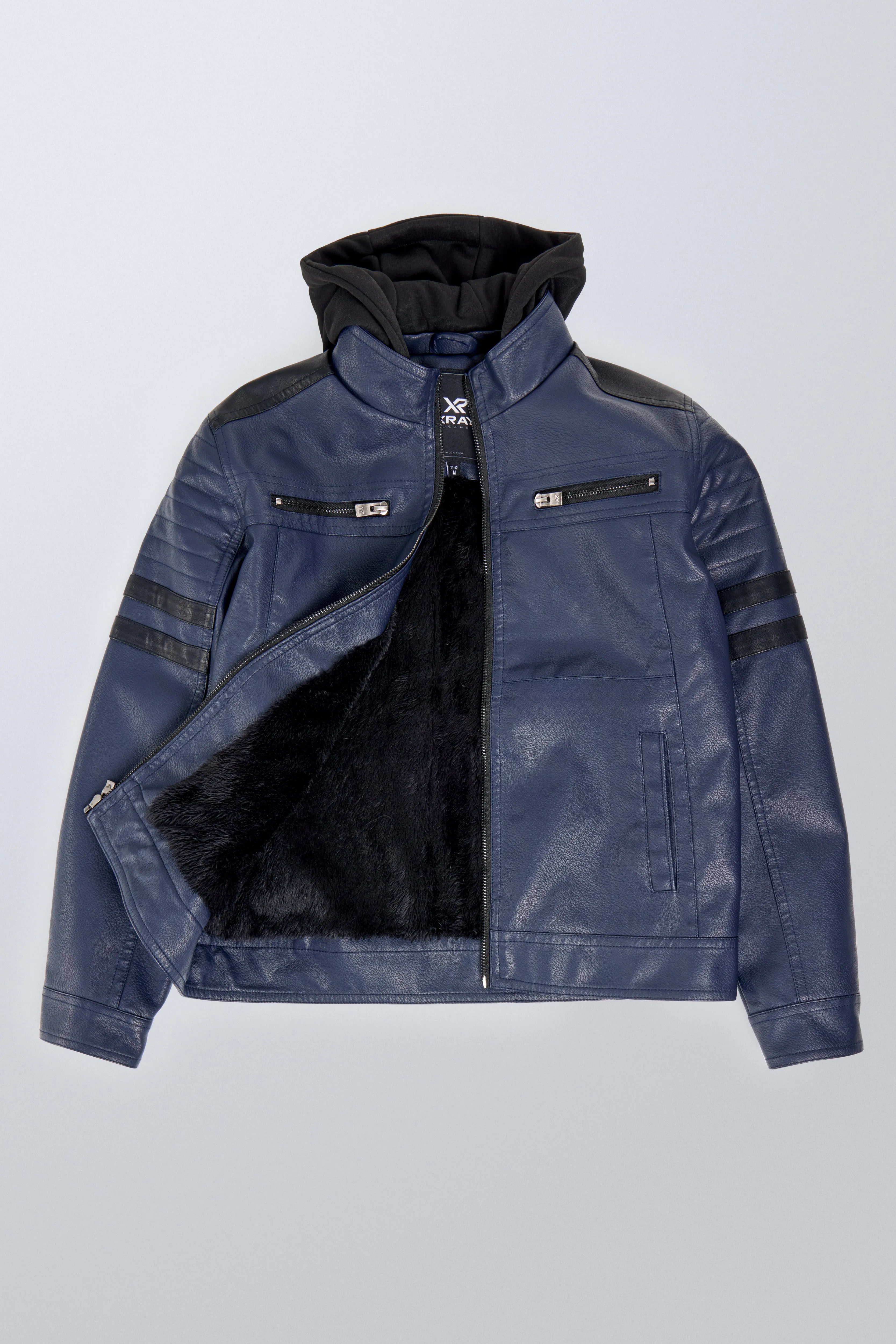 X RAY JEANS Boys Grainy PU Leather Hooded Jacket With Faux Shearling Lining